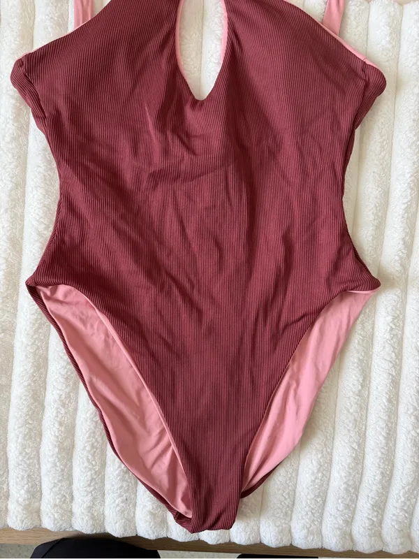 BECCA Ribbed Burgundy One-Piece Swimsuit with Pink Straps - Image 3