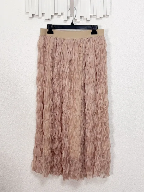 Miss Sparkling Nude Textured Fringe Elastic Waist Maxi Skirt - Image 2