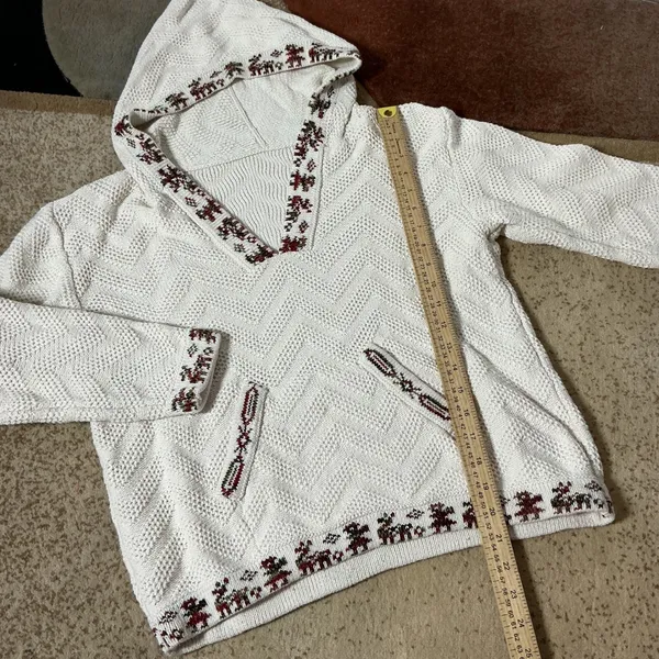 Nordic Fair Isle Reindeer Knit Hoodie Women Medium Cream Chevron Boho - Image 4