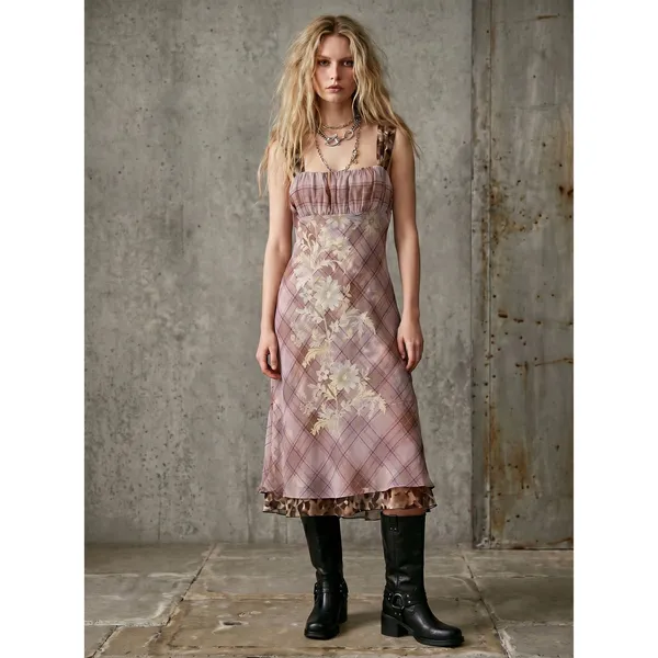 Free People Femme Grunge 90s Y2K Morning Dew Plaid Floral Midi Slip Dress Large - Image 2
