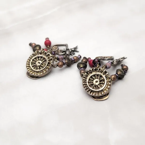 Vintage Clip On Earrings Statement Dark Gold Tone with Charms & Red/Brown Beads - Image 3