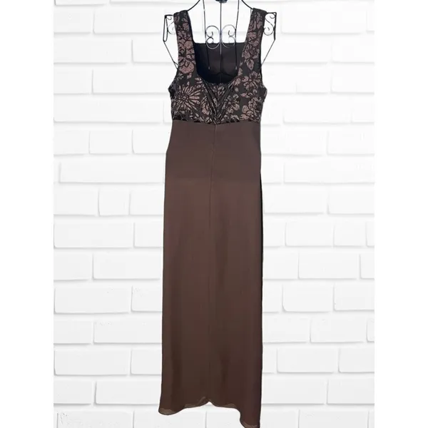 Vintage Rhapsody Size 8 Square Neck Semi Formal Brown Maxi Dress‎ Lace Bodice - Image 3