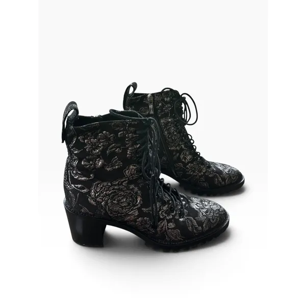 Jimmy Choo Floral Brocade Combat Boots 38.5 Black Silver Metallic Whimsigoth - Image 5