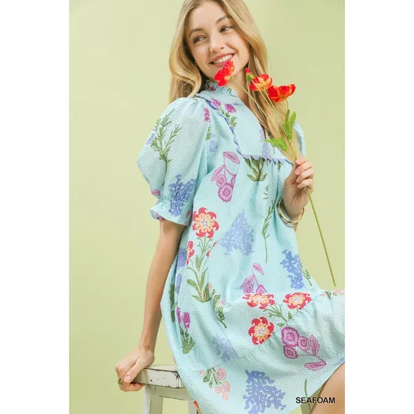 Umgee Multi Flower Print V-Neck Dress - Seafoam - Small - Image 4