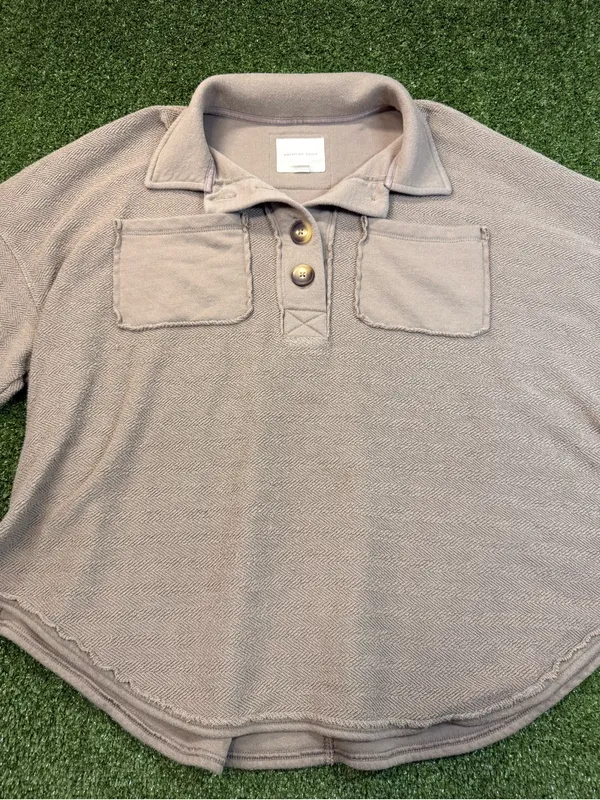 American Eagle Oversize Brown Sweater Button Henley Chevron Textured Pullover XS - Image 2