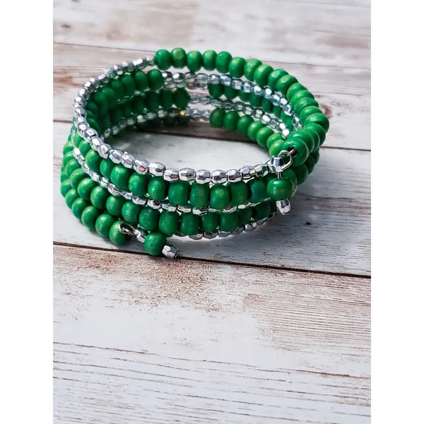 Vintage Wrap Bracelet / Bangle Green & Silver Tone - Image 3