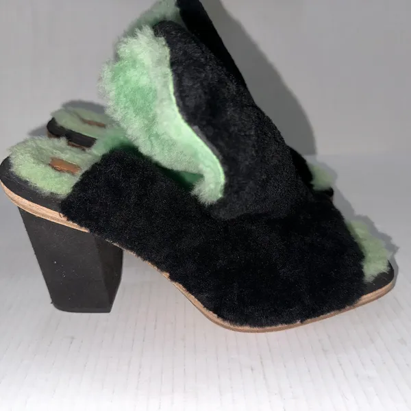 UGG x Eckhaus Latta Shoes 10 Black Green Lamb Fur Block Heel Mule Square Toe - Image 8
