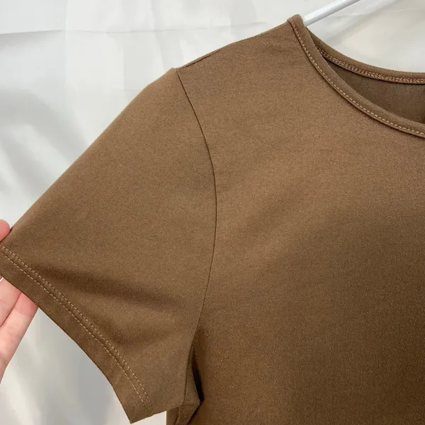 Live In The Moment women's brown‎ stretch short sleeve cropped neutral basic top - Image 2
