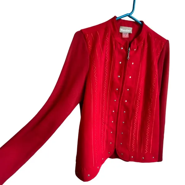 Vintage Tanjay‎ Red faux suede/knit zip up studded womens jacket sz M - Image 3