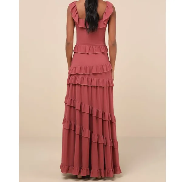 NEW Compelling Romantic Rusty Rose Ruffled Tiered Garden Party Maxi Dress Large - Image 2