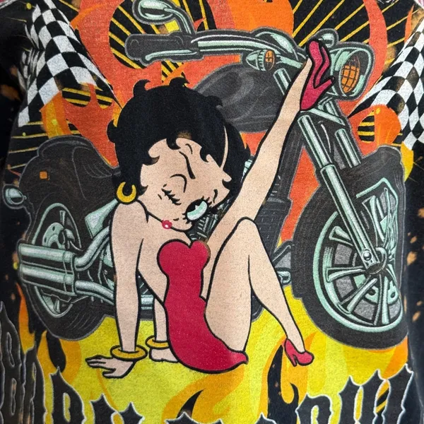 Betty Boop Biker Graphic‎ Crop Top Bleach Splatter Black Medium Grunge Pin-up - Image 8