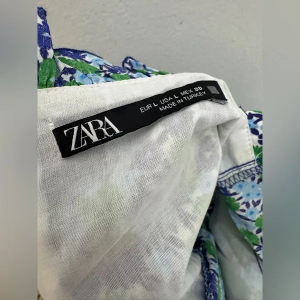 Zara Blue Green Floral Cropped Ruffle Short‎ Sleeve Cotton Blouse Large - Image 5