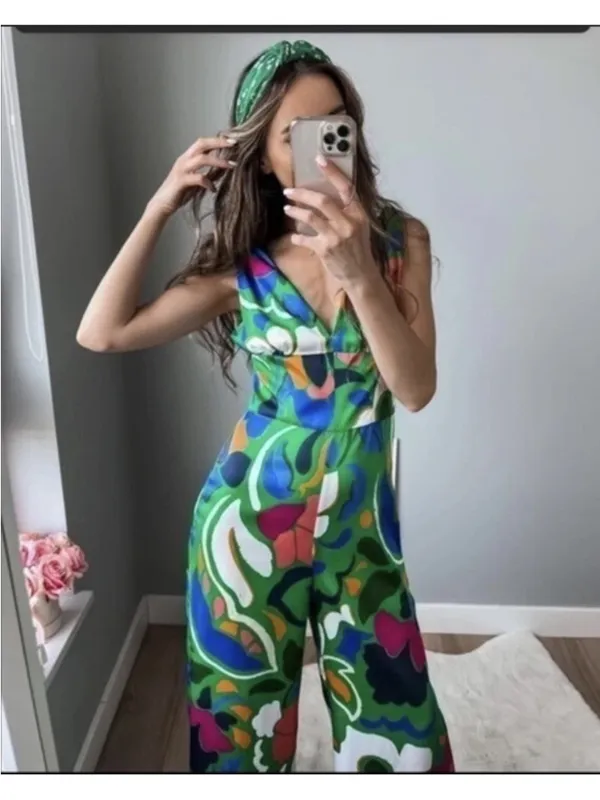 Zara Printed Jumpsuit with Knotted Straps Size XS NWT‎ - Image 2