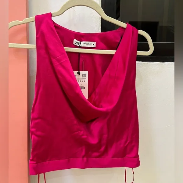 Zara NWT fuchsia pink satin cowl neck top - Image 15
