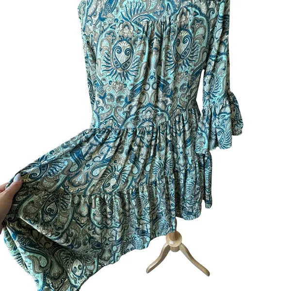Paani Teal Paisley Tiered Babydoll Dress Flowy‎ Vneck Tassle High Waisted Flowy - Image 4