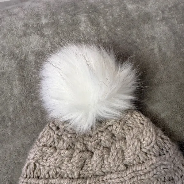 L.L.Bean Cable Knit Pom Beanie Hat One Size Unisex Adult Taupe Faux Fur 505452 - Image 7