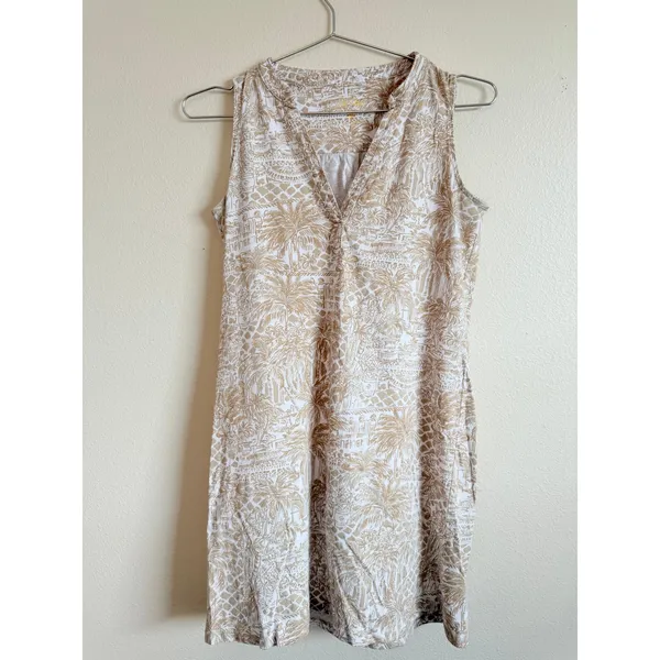 Lilly Pulitzer Dress‎ Women XS Gold White Etta Tropical Pima Cotton Shift V-Neck - Image 4