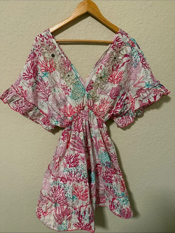Floral Coral-Print V-Neck Women’s Dress - Pink one size - Image 3