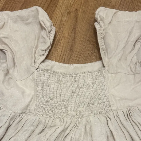 J. Crew Size 12 Beige Puff Sleeve Linen-Cupro Blend Mini A-Line Dress Pockets - Image 6