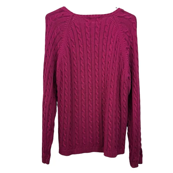 LL Bean Magenta Pink Pullover Cable Crew Neck Long Sleeve Cotton Sweater XL - Image 4