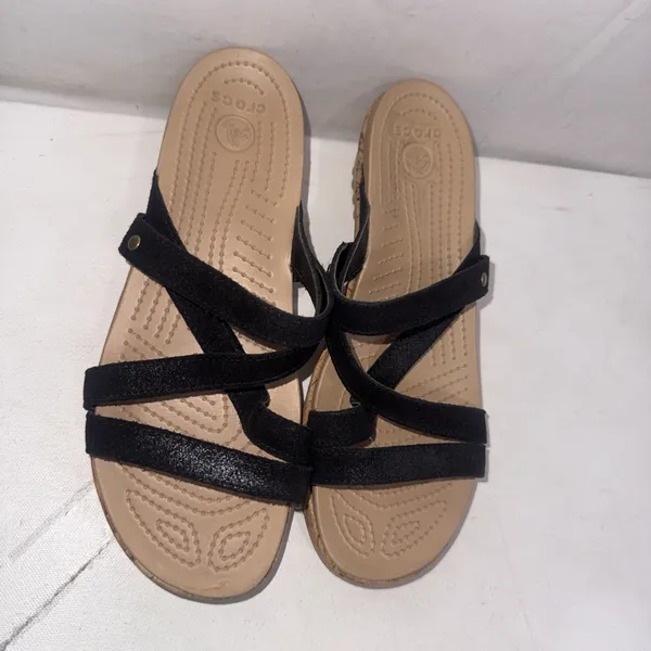 Crocs A-Leigh Black Cork Wedge Sandals Strappy Suede Like Style Women's Size 8 - Image 2