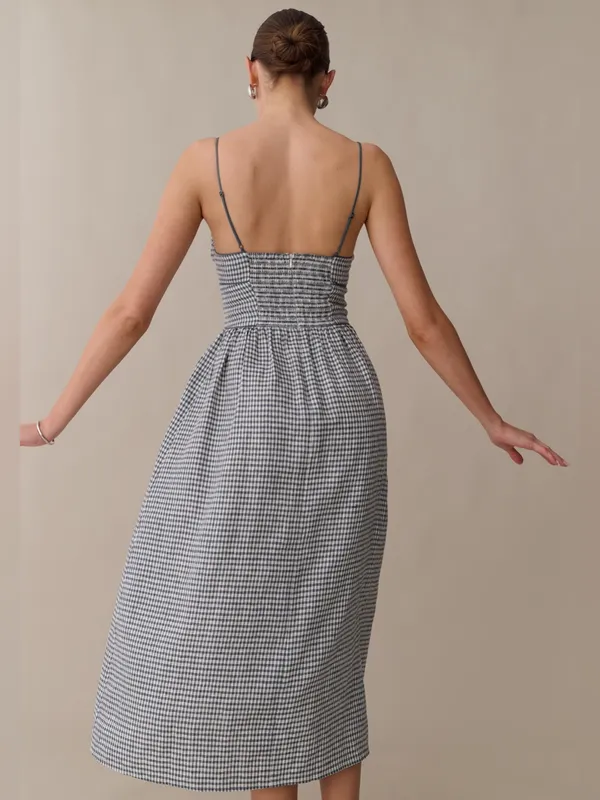 Few Moda Kourt Darya Size XS Blue Linen Smocked Midi Dress - Image 5
