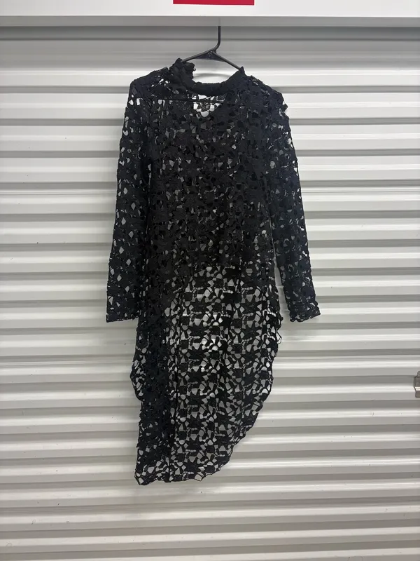 Pretty Garden Womens Black Lace Sheer Layered Round Neck Long Sleeve Midi S - Image 9
