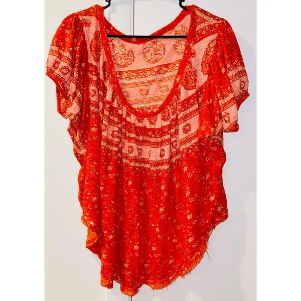 FREE PEOPLE Fruit Punch Combo Orange Paisley Boho Puff Sleeve Oversized Top S - Image 4