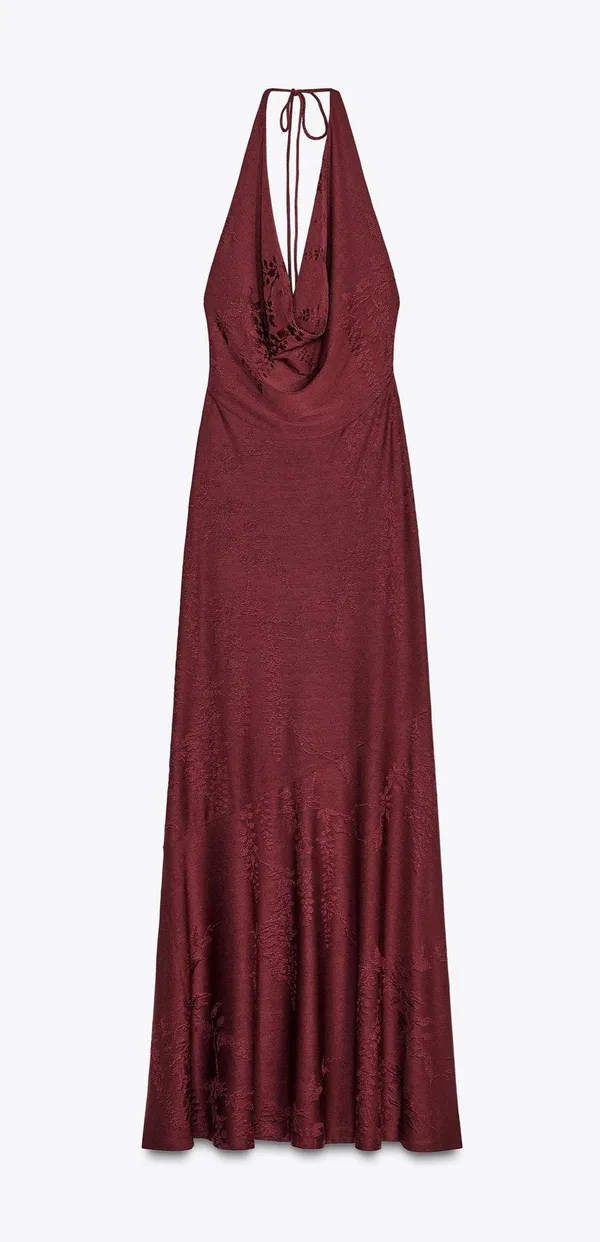 Zara Burgundy maxi Halter open back Dress wedding evening holiday party - Image 6