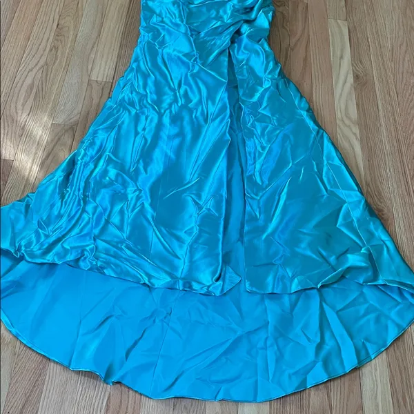 Formal Gown Womens 6 Blue Satin Strapless Slit Dress Evening Bridesmaid Wedding - Image 4