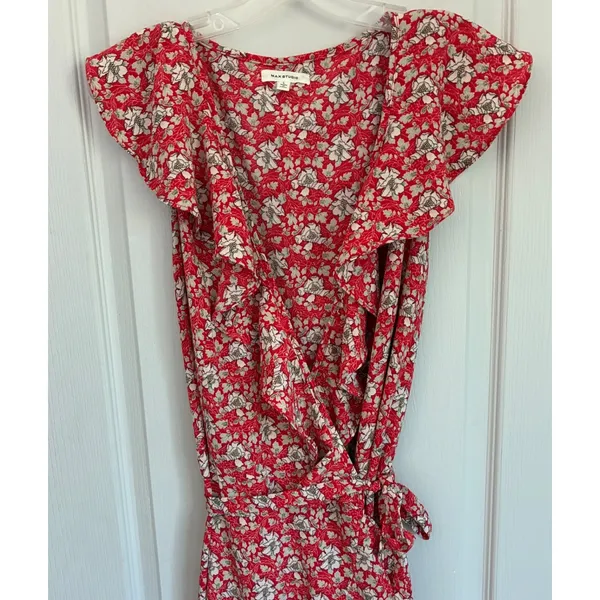 Max Studio Womens L Red Floral Ruffle High Low Wrap‎ Maxi Dress Flutter - Image 6