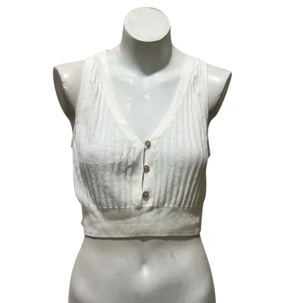 Free People Women's M White Ribbed Button Front Crop Top Vest - Image 8