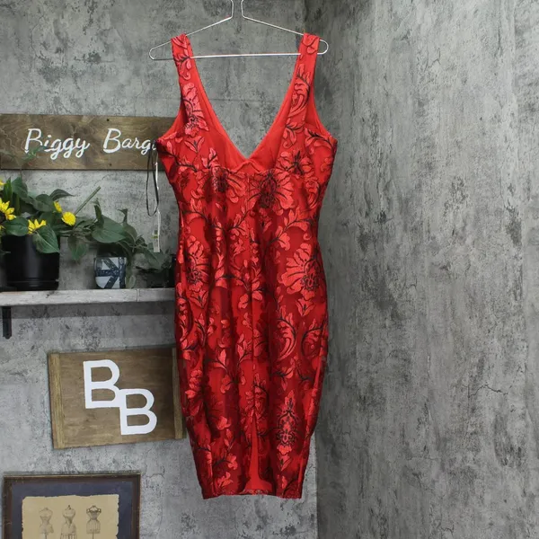 Siena Womens V-Neck Embroidered-Mesh Sleeveless Dress SATP1831 Red / Black 14 - Image 2