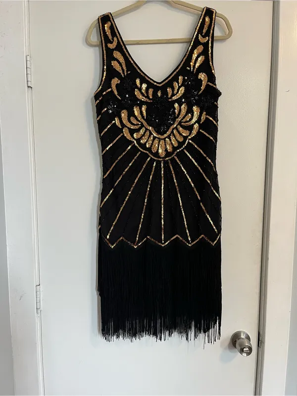 Babeyond Black & Gold Art Deco Fringe Cocktail Dress flapper costume sequins - Image 8