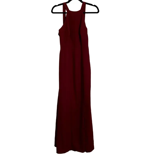 NWT Dessy Collection High Neck Backless‎ Crepe Trumpet Gown in Burgundy 3039 - Image 3