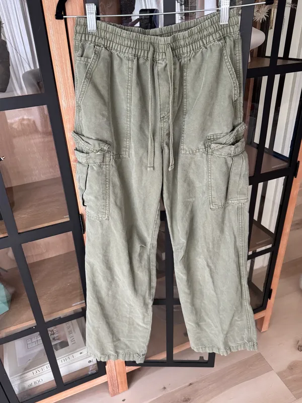 Aerie olive fun Village Cargo Pants jeans drawstring pockets wide leg mid rise - Image 2