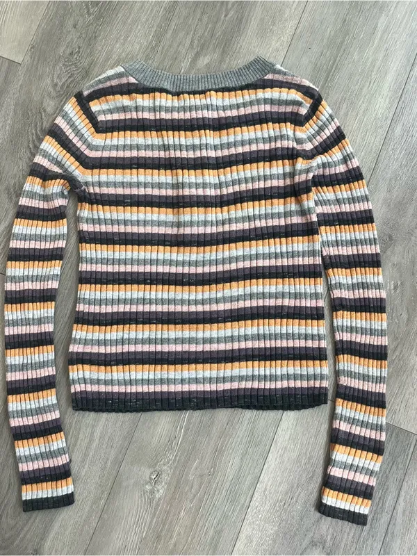American Eagle Ribbed Striped Henley Sweater Small Gray Pink Orange Long Sleeve - Image 6