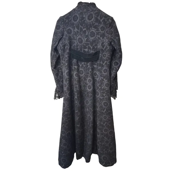 Custom Black Jacquard Long Coat Womens Medium Goth Wool Maxi Overcoat Witchy VTG - Image 2