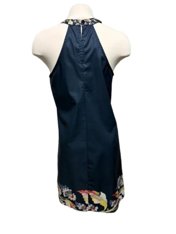 Floral Halter Neck Mini Dress Navy Blue Boho Summer Sundress Keyhole Size M - Image 5