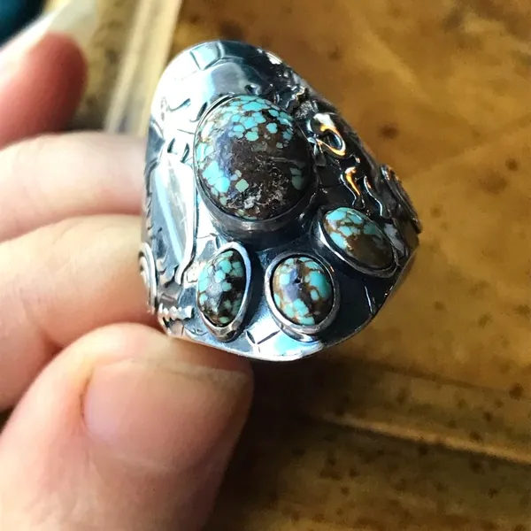 Genuine Blue Turquoise Sterling Silver Statement Ring Size 10 - Image 11