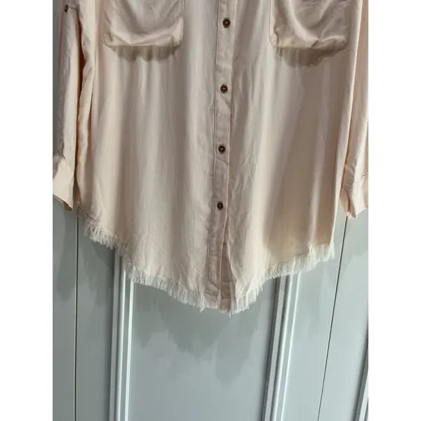 Bohme Boho Button-Up Tunic Shirt Peach Oversized Soft Girl Utility Raw Hem - Image 3