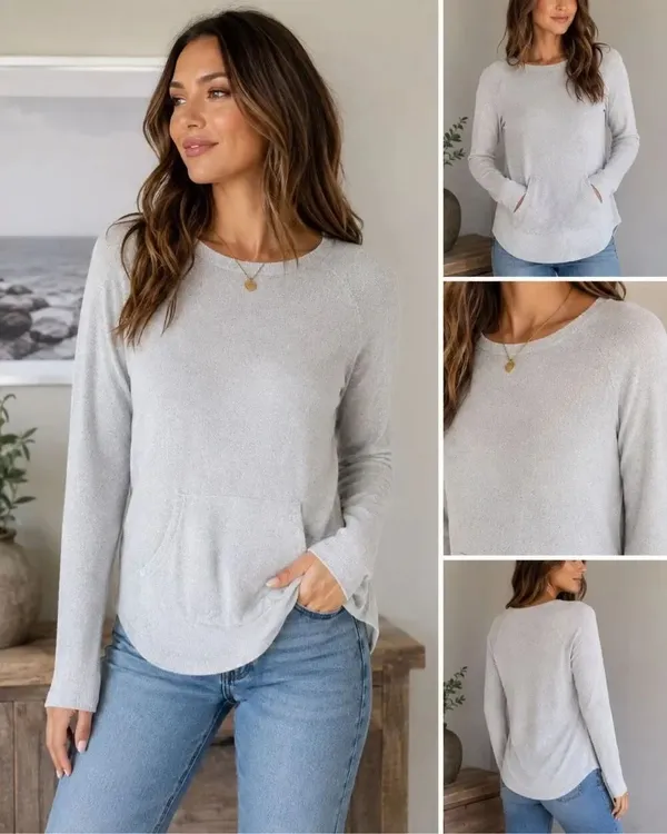 Barefoot Dreams CozyChic Ultra Lite Sweater XS Gray Long Sleeve Kangaroo Pocket - Image 2