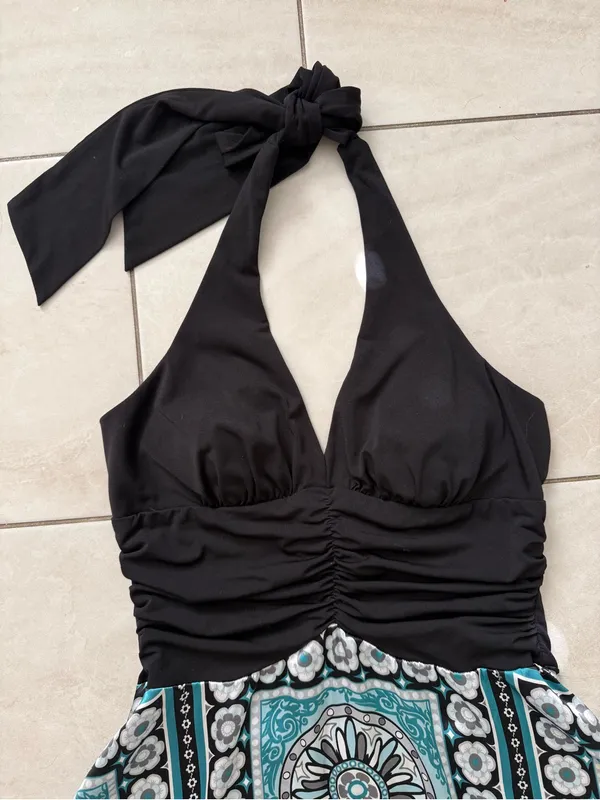 Dressbarn Size 6 Y2K Boho Halter Dress Teal Medallion Handkerchief Hem Ruched - Image 4