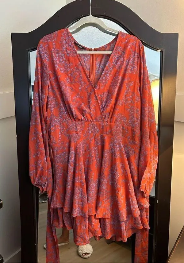 NEW V Neck Ruffle Chiffon Tie Knot Mini L Swing Skater Dress XL - Image 4