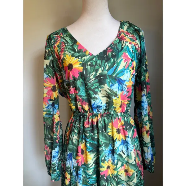INC boho whimsi resort tropical Floral Maxi Dress Green pink flowy beach party y - Image 3