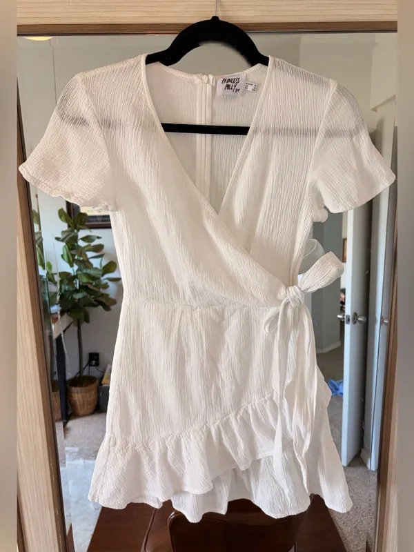 PRINCESS POLLY womens size 4 company for one white ruffled wrap tie waist dress - Image 2