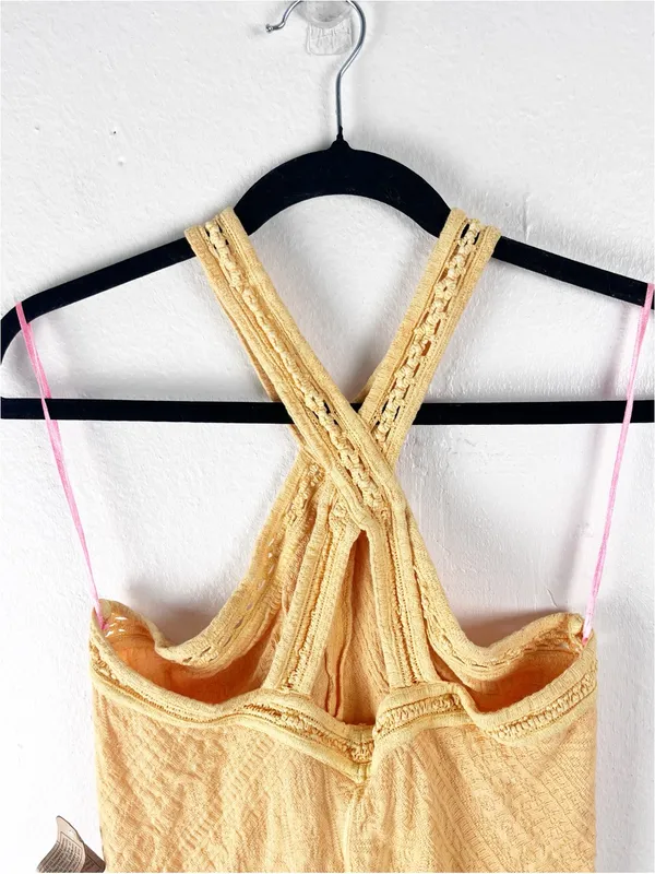 FREE PEOPLE Yellow Textured Embroidered Straps Halter Top Size Large Boho Casual - Image 6