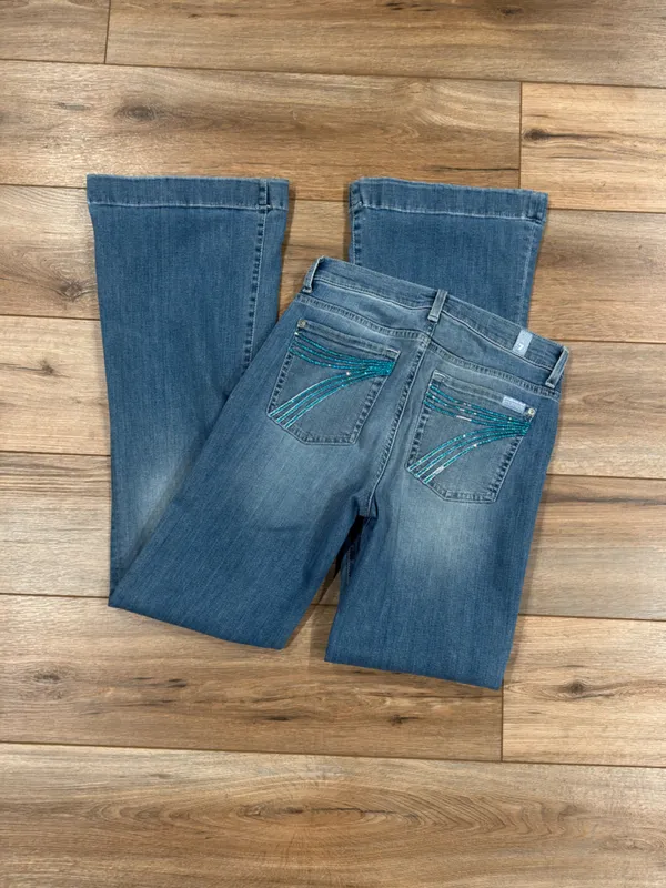 7 FOR ALL MANKIND Sparkly Turquoise Mid-rise Flared Dojo Trouser Jeans | Size 28 - Image 2