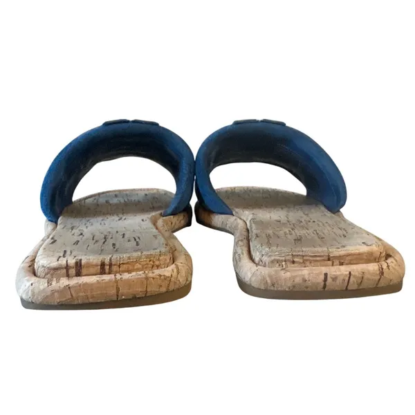 Tory Burch Blue‎ Suede Cork Slide Sandals Double T Logo Patent Sz 7.5 - Image 4