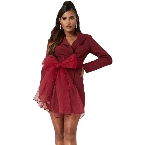 Missguided Plus Size 18 Blazer‎ Dress Mesh Bow Waist Burgundy Red Party - Image 10